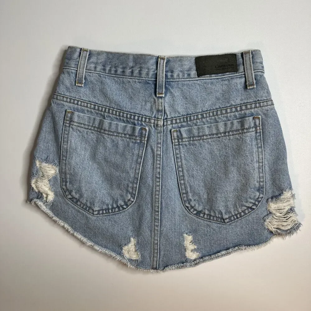 CARMAR Denim Distressed Button Front Mini Skirt Light Wash Women's Size 24 Y2K